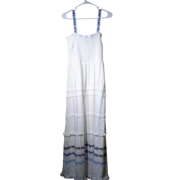 Draper James RSVP White Blue Embroidered Smocked Bodice Tiered Maxi Dress Sz XL - Picture 1 of 14